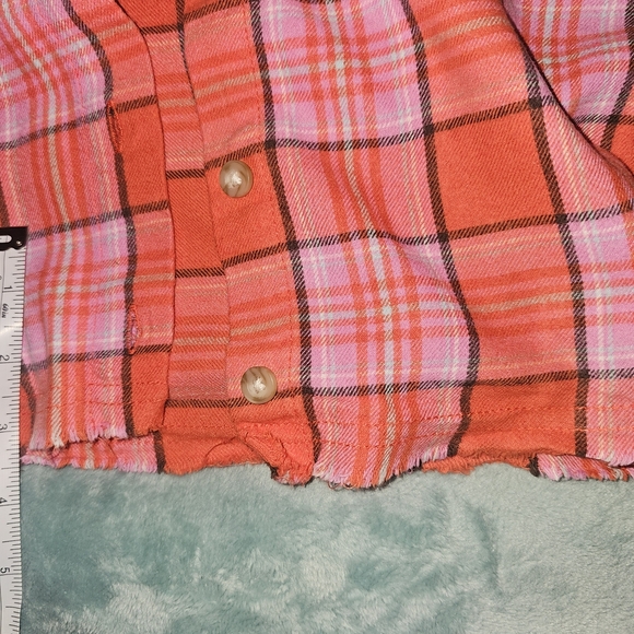 Wonder Nation Red and Pink Button Down Cropped Flannel Shirt with Casual Flair - Picture 6 of 7